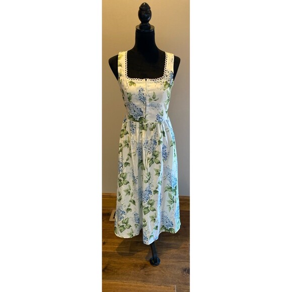 Floral Midi Dress Sz Large Blue White Cottagecore Sundress Lace Trim Smocked - Picture 3 of 11